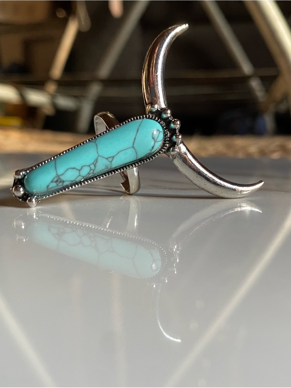 Long Horn Turquoise and Silver Adjustable Ring - Picture 3 of 3